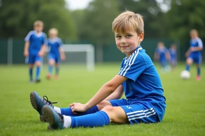 Jeune garçon en uniforme de football en pleine étirement sur le terrain