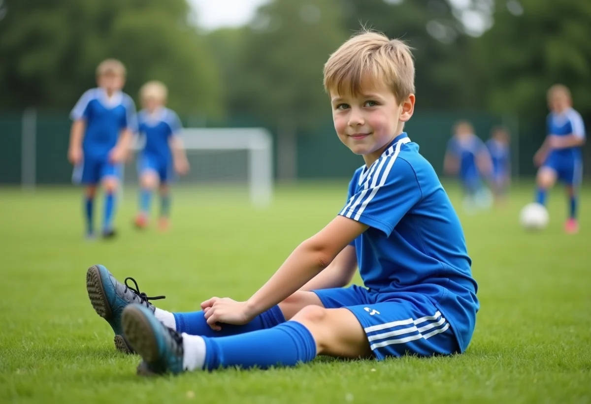 Jeune garçon en uniforme de football en pleine étirement sur le terrain