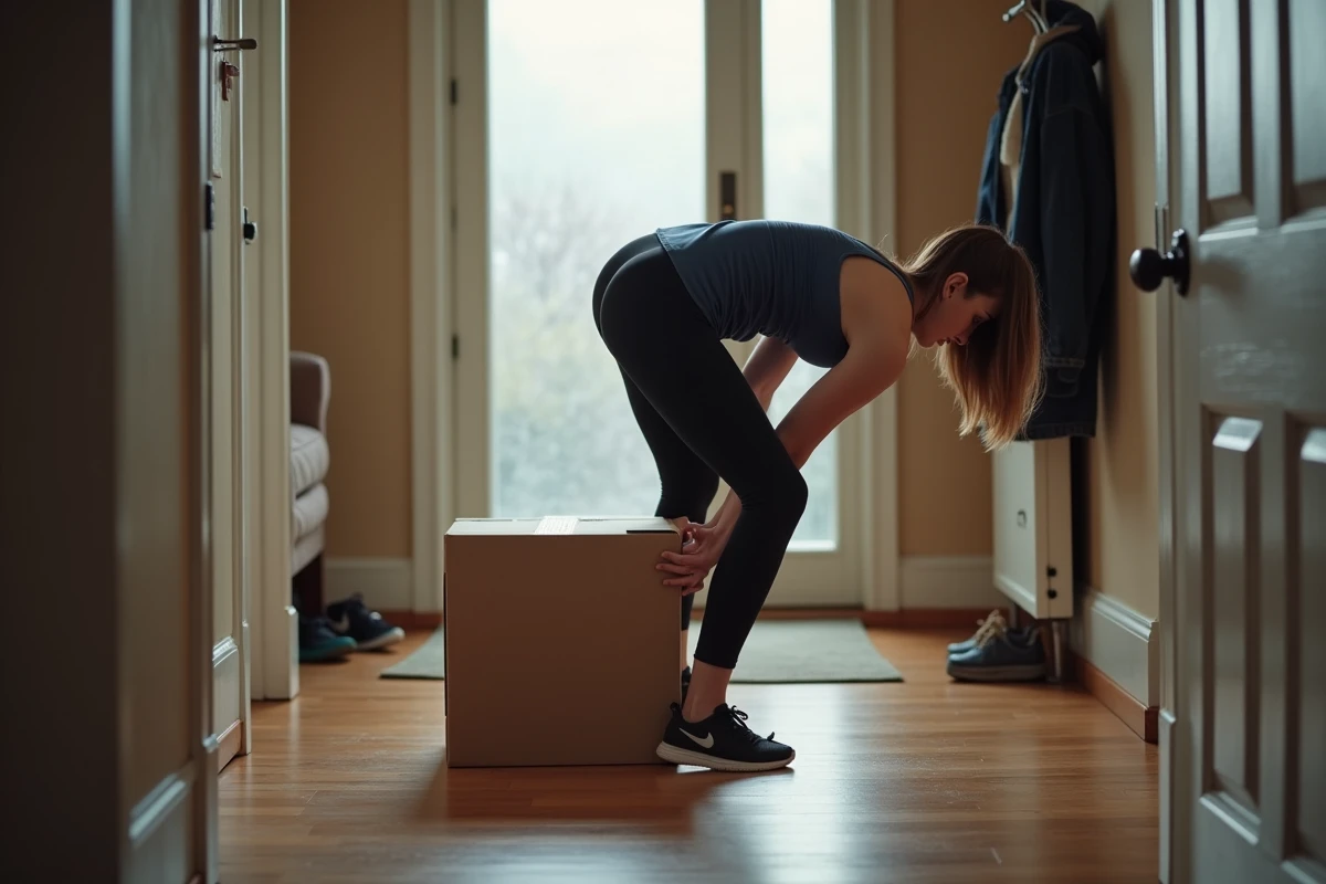 Femme se penchant de façon incorrecte pour soulever un carton, illustrant un geste à éviter en cas de douleur au bas du dos côté droit