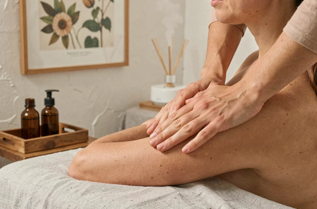 Gros plan de mains pratiquant un massage suédois sur les épaules d'une cliente dans un salon bien-être de Toulouse