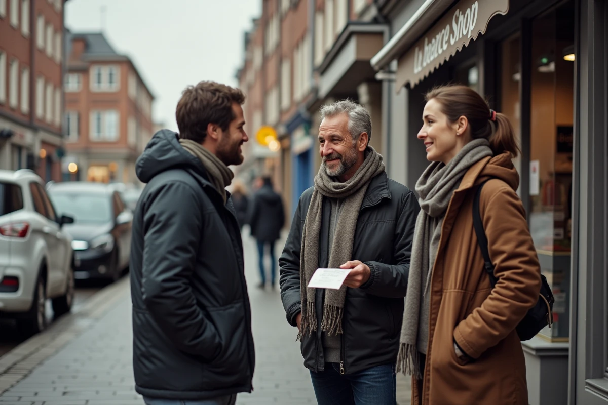 Trois adultes discutent devant une boutique de tabac en ville