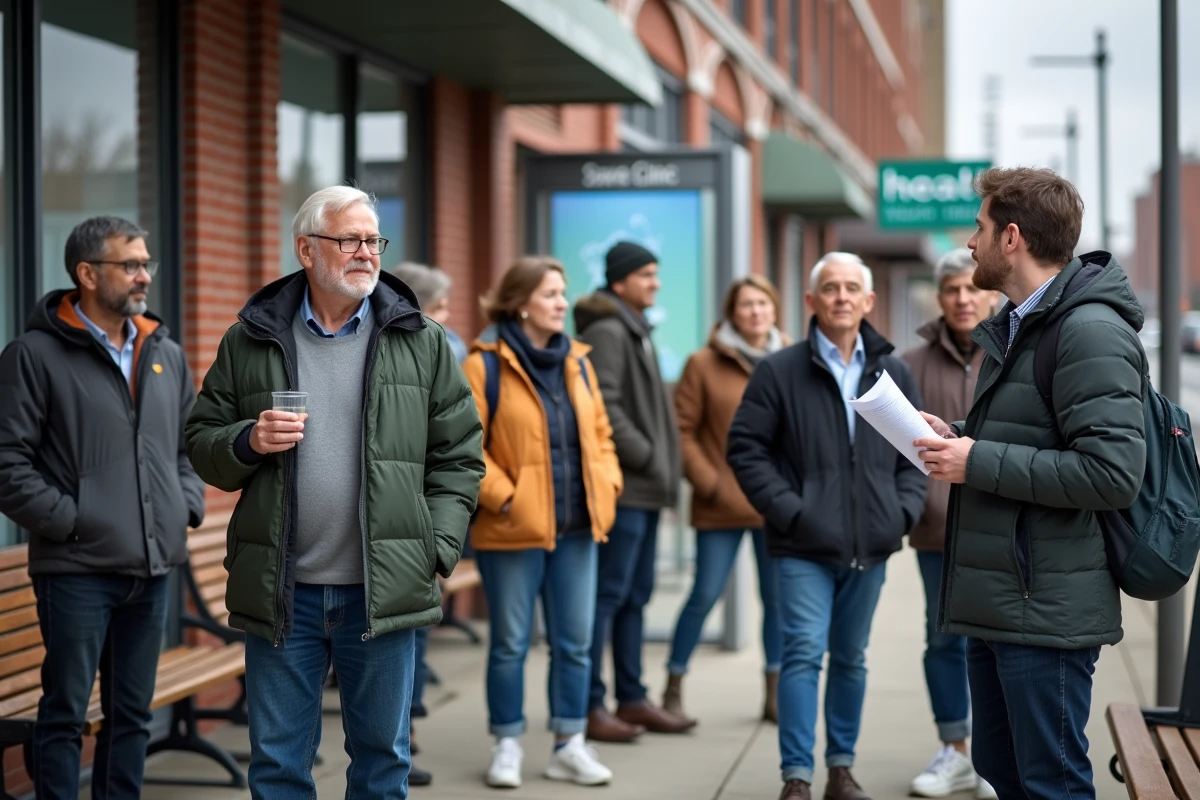 Groupe diversifié devant une clinique de santé en ville