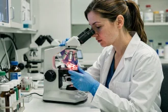 Hématologue examinant un frottis sanguin au microscope pour analyser le taux de monocytes