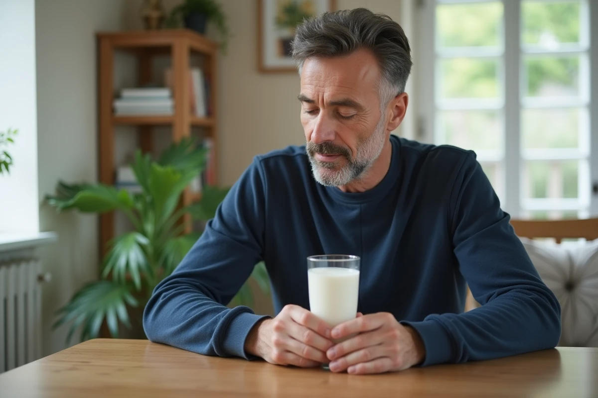 Homme tenant un verre d'eau de riz chez lui dans un appartement cosy, expression pensive et détendue