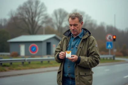 Homme d'âge moyen examine un carton de cigarettes à la frontière