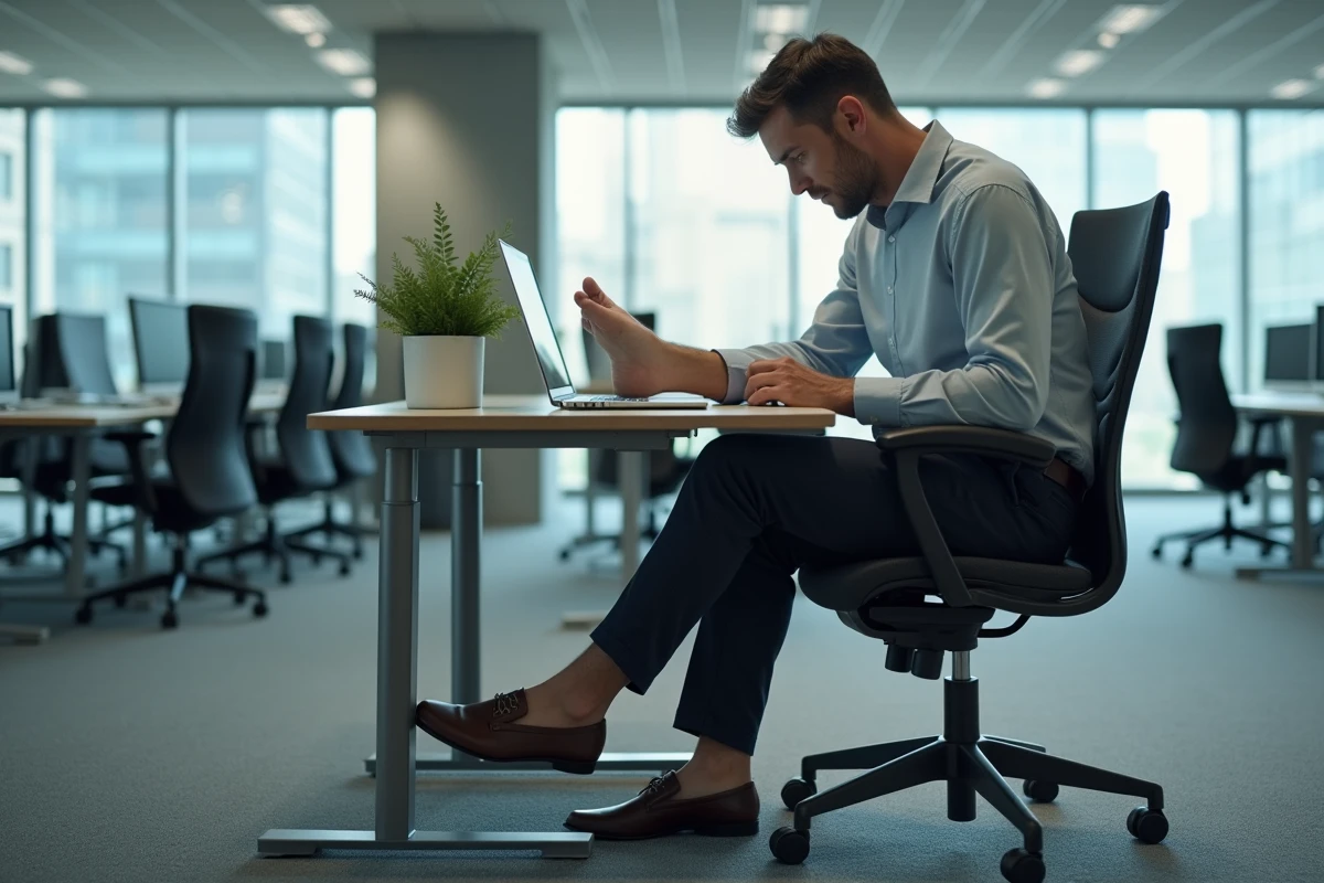 Homme en bureau souffrant de chevilles enflées en fin de journée de travail sédentaire