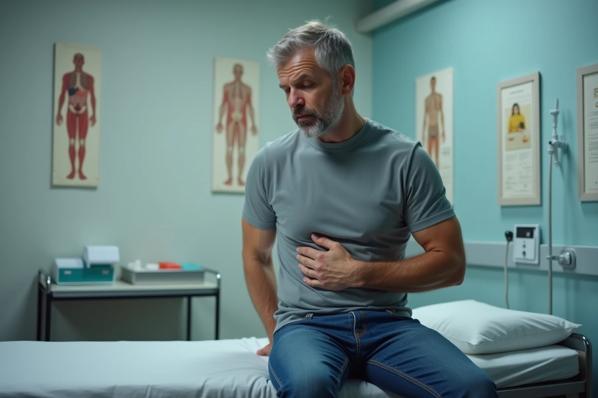Homme en consultation médicale exprimant de l'anxiété et de l'inconfort physique lié à une infection par le zona