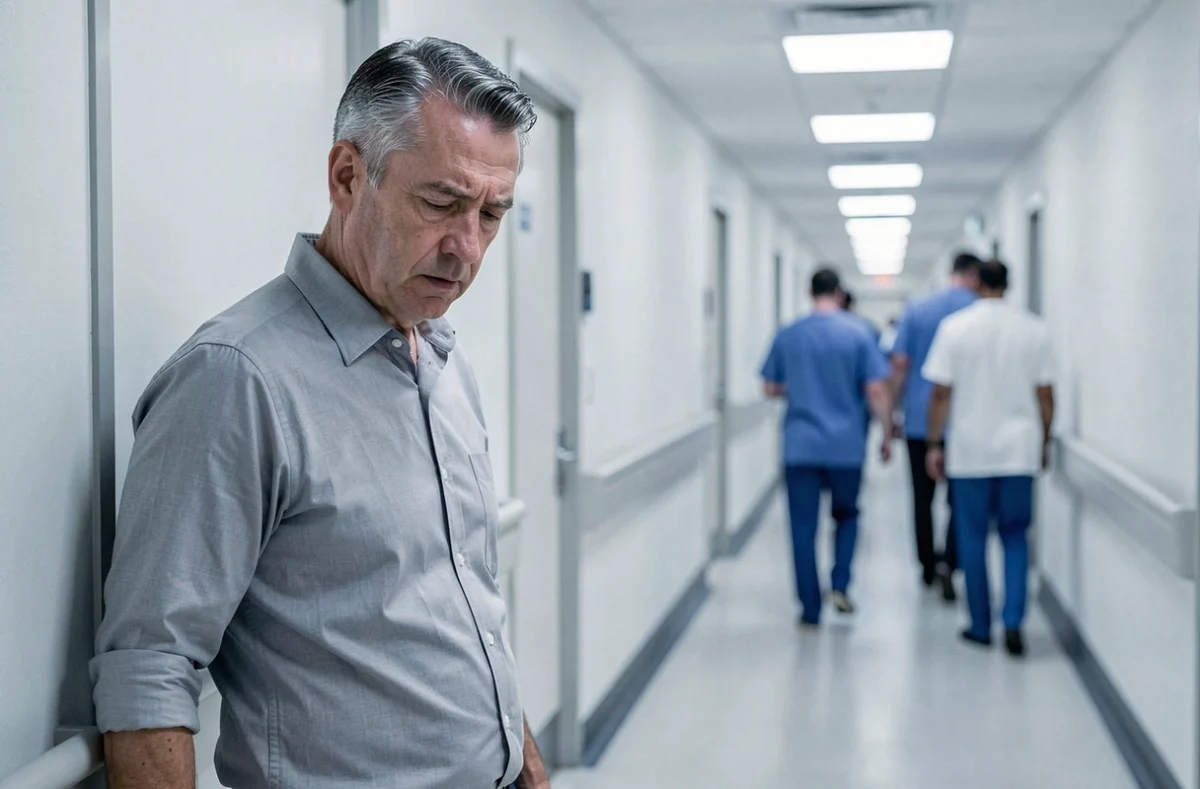 Homme d'âge mûr debout dans un couloir d'hôpital, le regard baissé, illustrant une situation de santé préoccupante