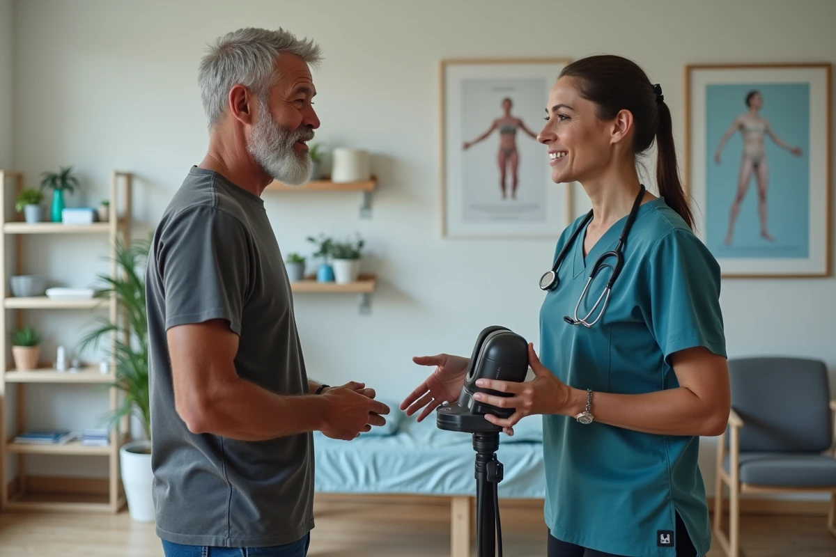 Homme en discussion avec un therapeute sur une machine de pressotherapie