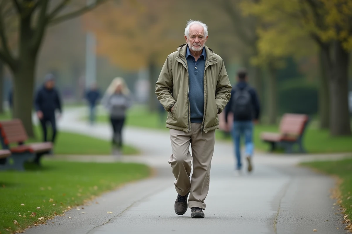 Homme âgé marchant dans un parc en plein air