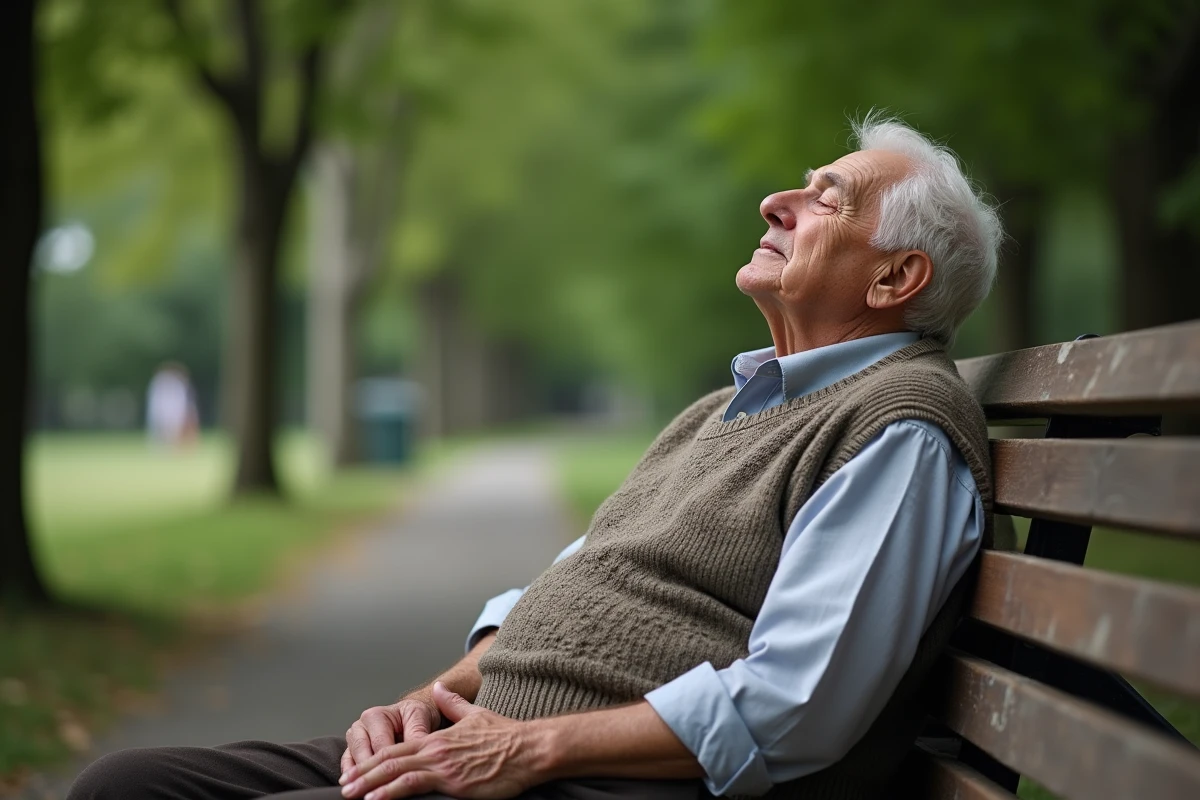 Homme âgé reposant sur un banc dans un parc tranquille