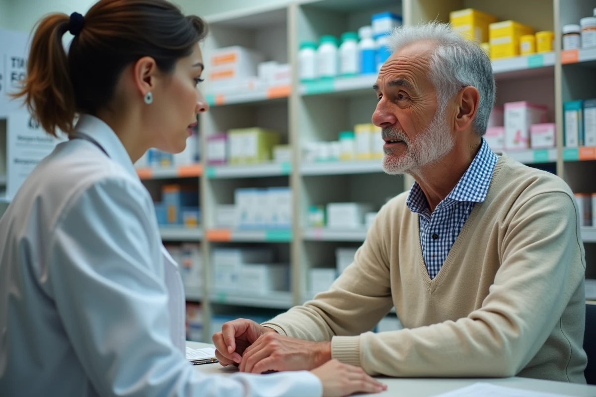 Homme âgé parlant avec une pharmacienne dans la pharmacie