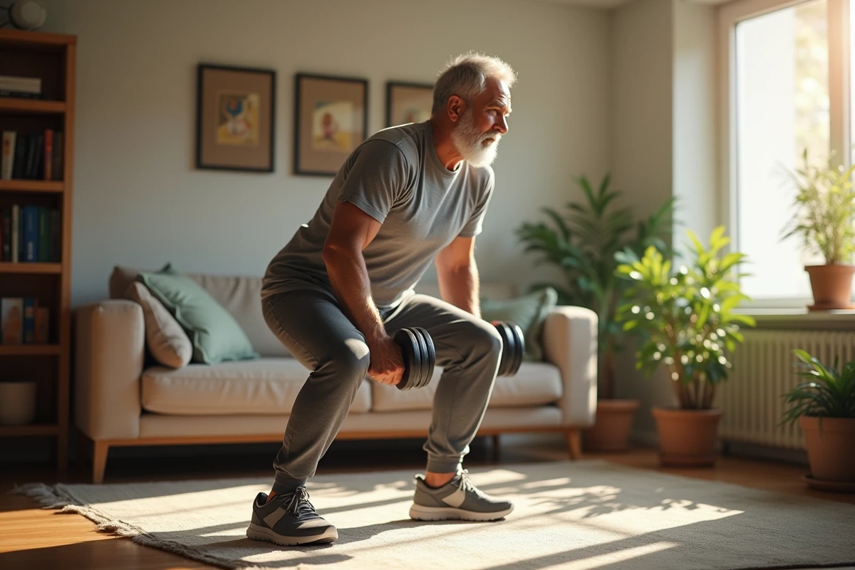 Homme âgé faisant de la musculation à la maison