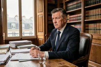 Portrait d'un homme fatigué assis à son bureau dans un bureau parisien formel, évoquant des questions de santé et de pression professionnelle