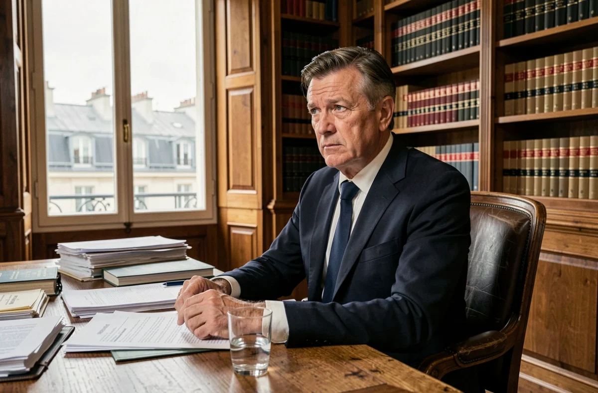 Portrait d'un homme fatigué assis à son bureau dans un bureau parisien formel, évoquant des questions de santé et de pression professionnelle