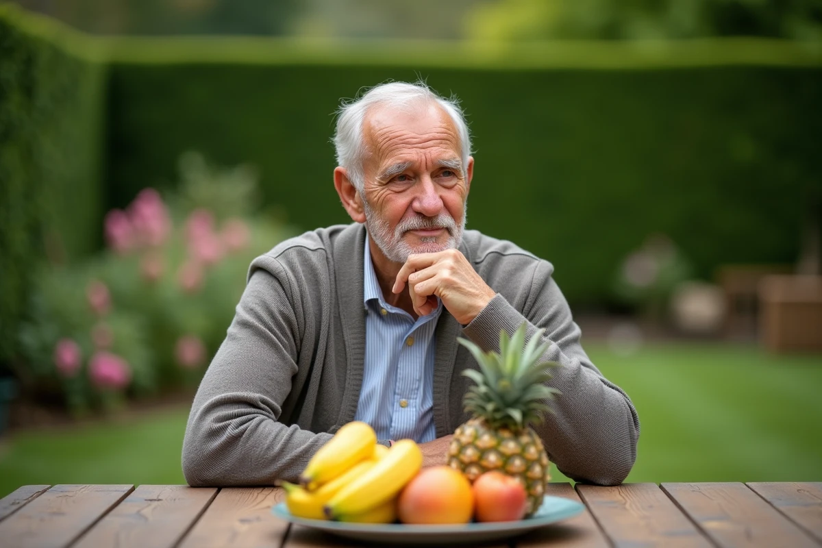 Homme âgé contemplant un plateau de fruits exotiques