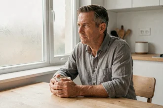 Homme assis à une table vide tenant une tasse, illustrant le jeûne et la privation de nourriture