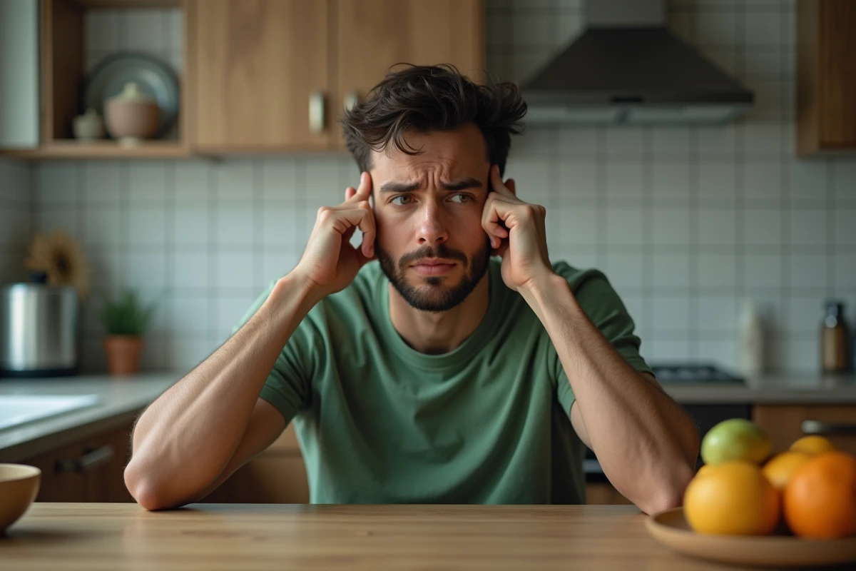 Jeune homme en détresse assis à la cuisine