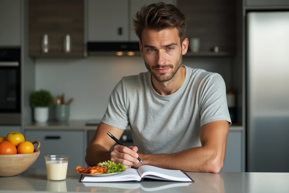 Homme mangeant un repas sain à la cuisine