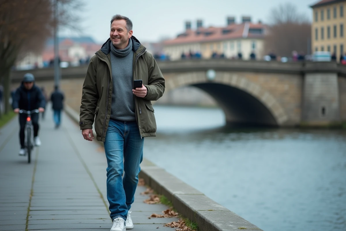 Homme se promenant au bord d'une rivière en ville avec une application de comptage de pas ouverte sur son smartphone