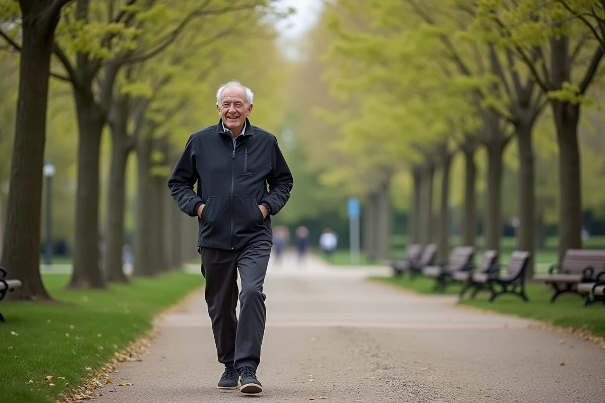 Homme âgé marchant dans un parc urbain au printemps