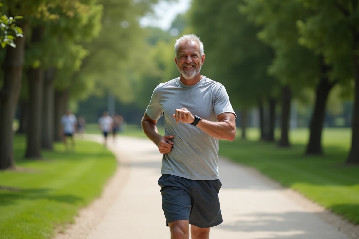 Homme actif marchant dans un parc urbain verdoyant