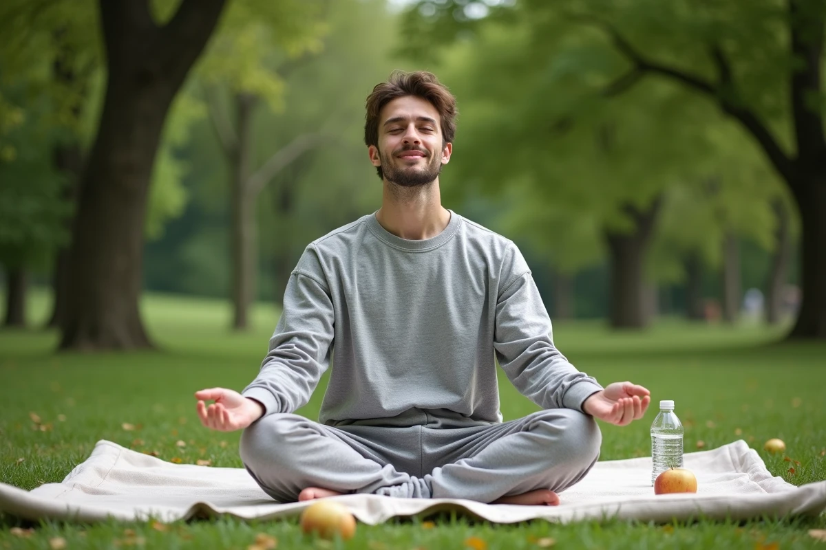 Jeune homme méditant dans un parc vert avec nature environnante