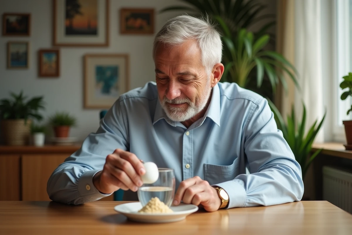 Homme senior mélangeant supplément dans un verre d