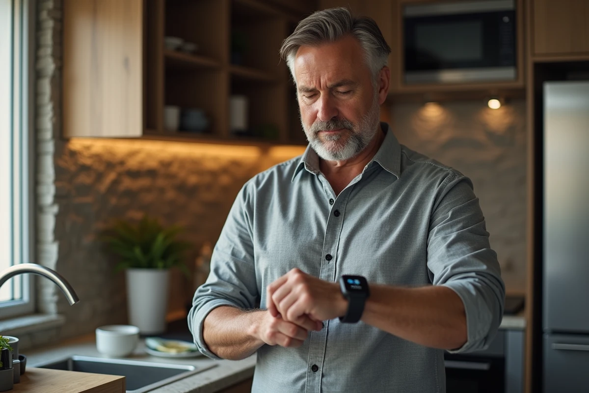 Homme vérifiant sa montre dans la cuisine matinale