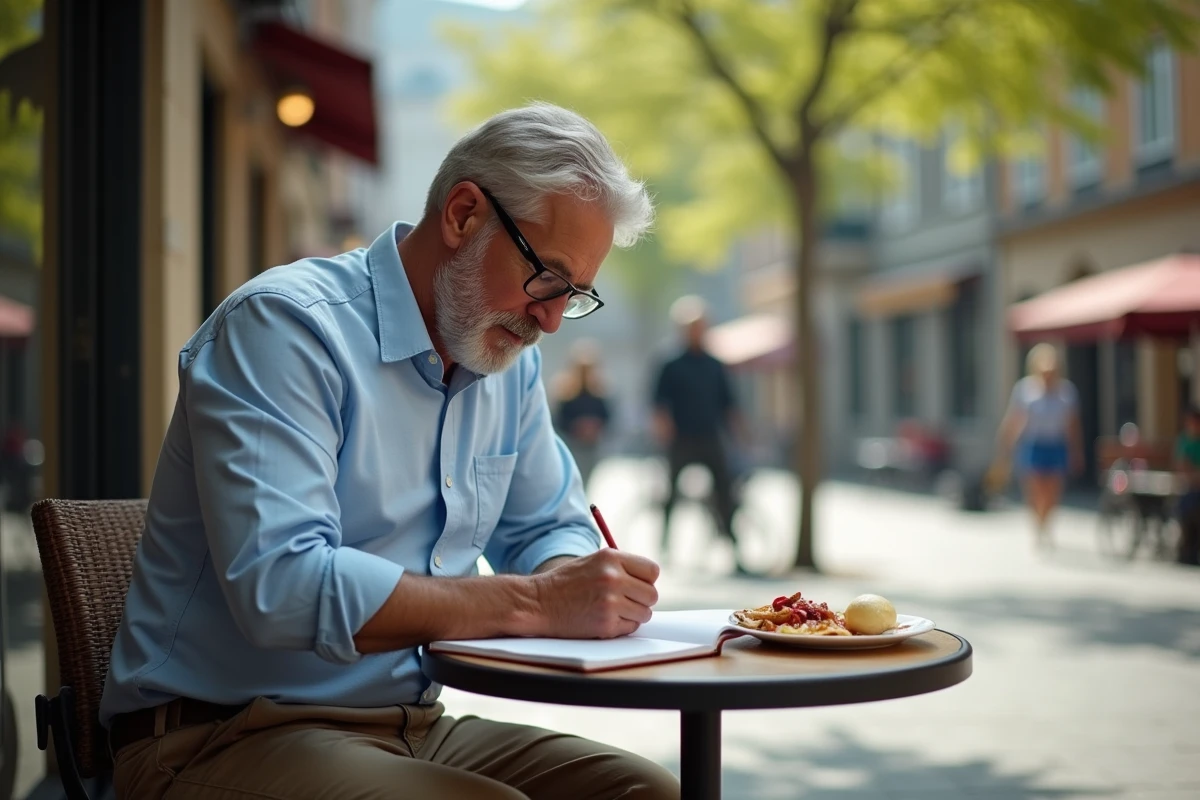 Homme notant son repas dans un café en ville