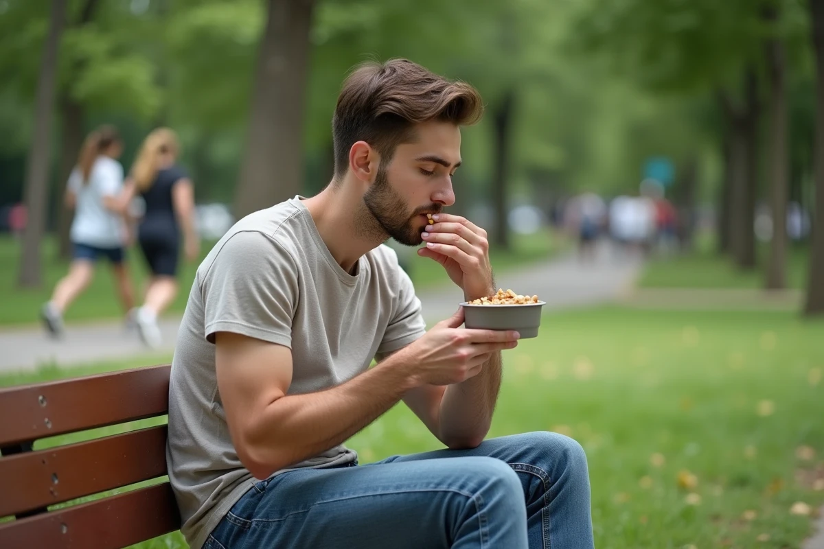 Homme dans un parc mangeant des noix dans un contenant réutilisable