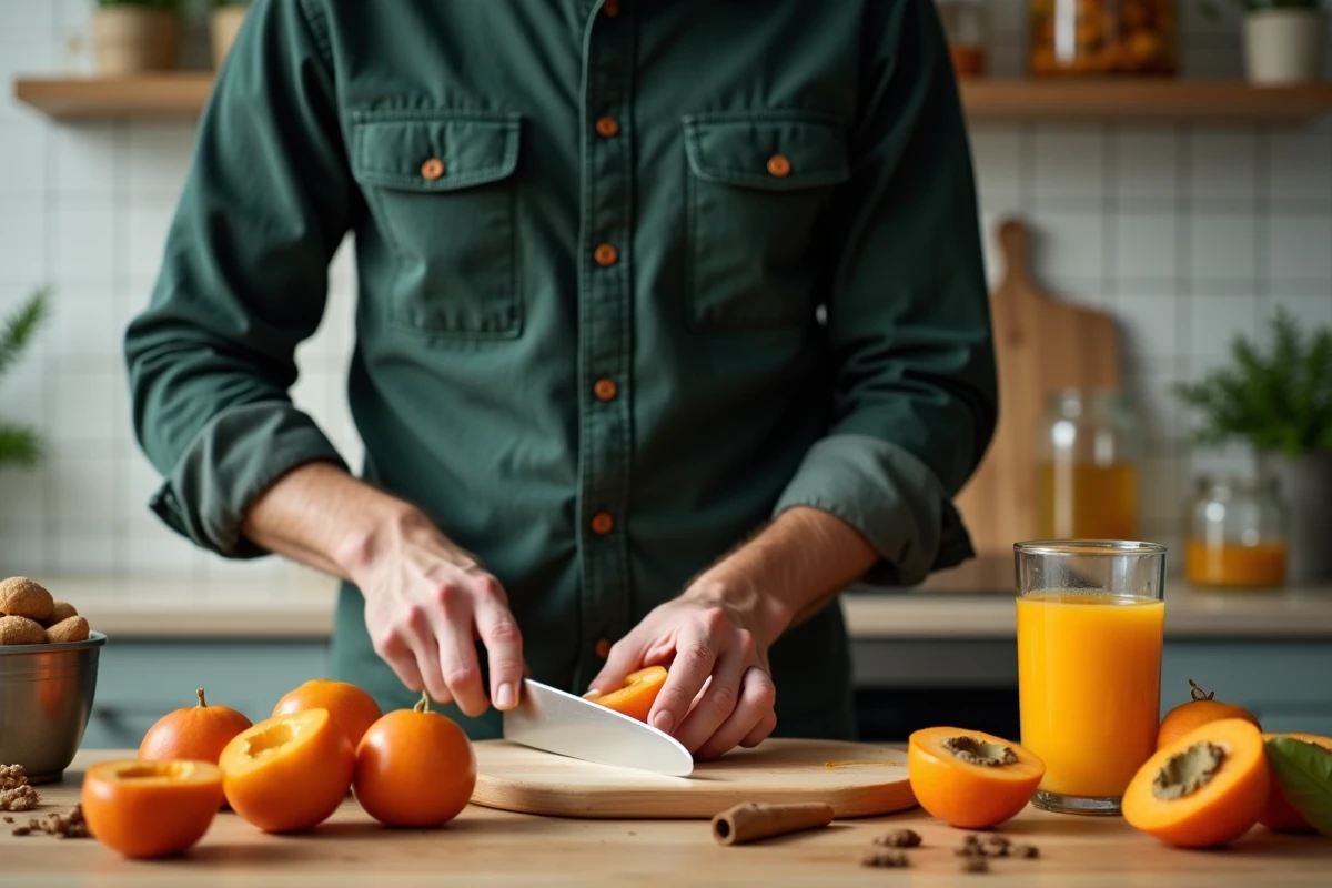Homme préparant des kakis frais en cuisine, mise en valeur des propriétés nutritionnelles du kaki en hiver pour l'immunité