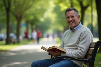 Homme d'âge moyen souriant dans un parc avec livre