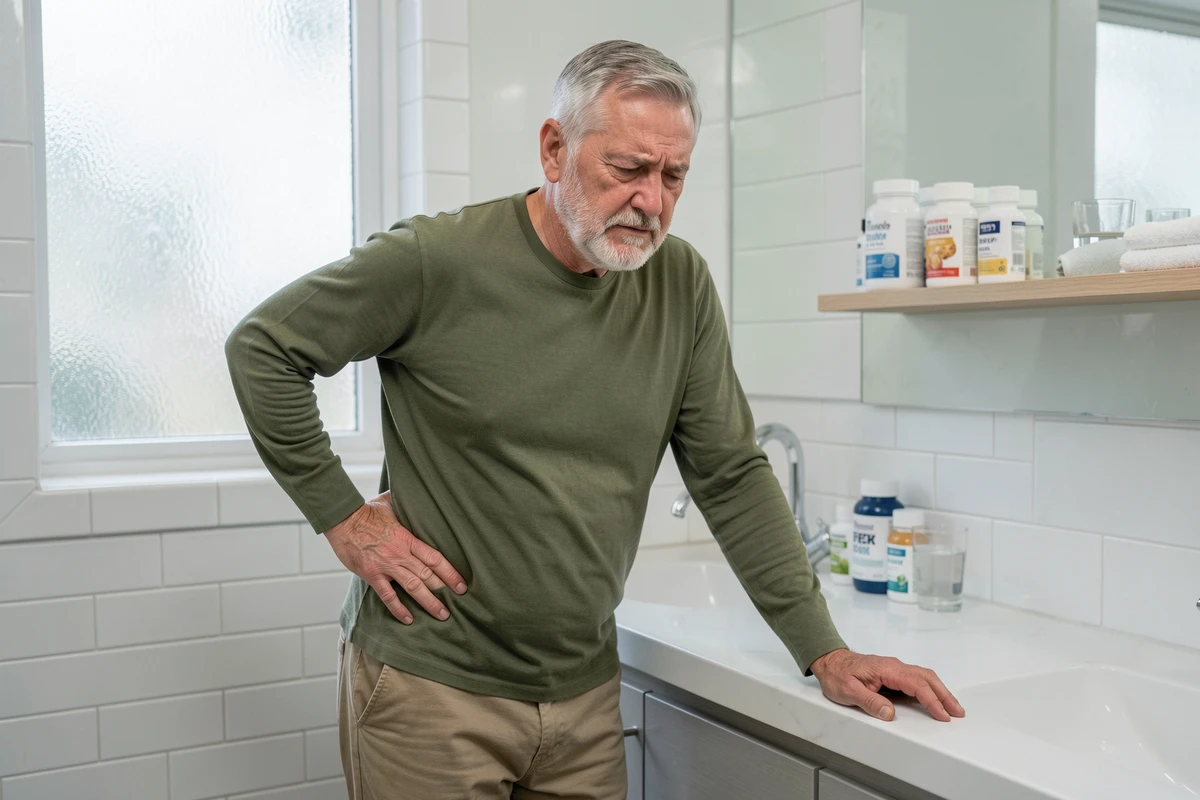 Homme de plus de 60 ans debout dans une salle de bain tenant son bas du dos, avec des compléments en fibre visibles sur le plan, illustrant la gestion de la constipation et des douleurs lombaires chez les seniors