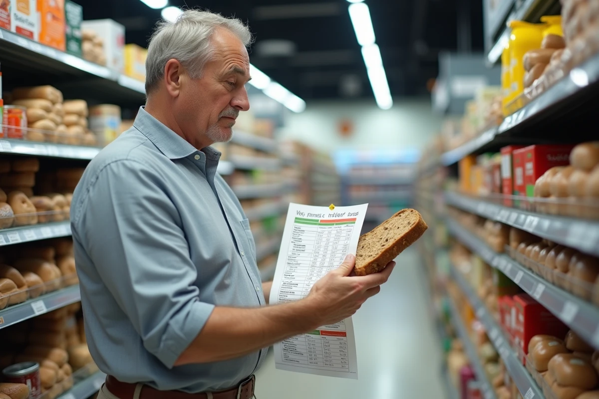 Homme dans un supermarché examinant un tableau alimentaire