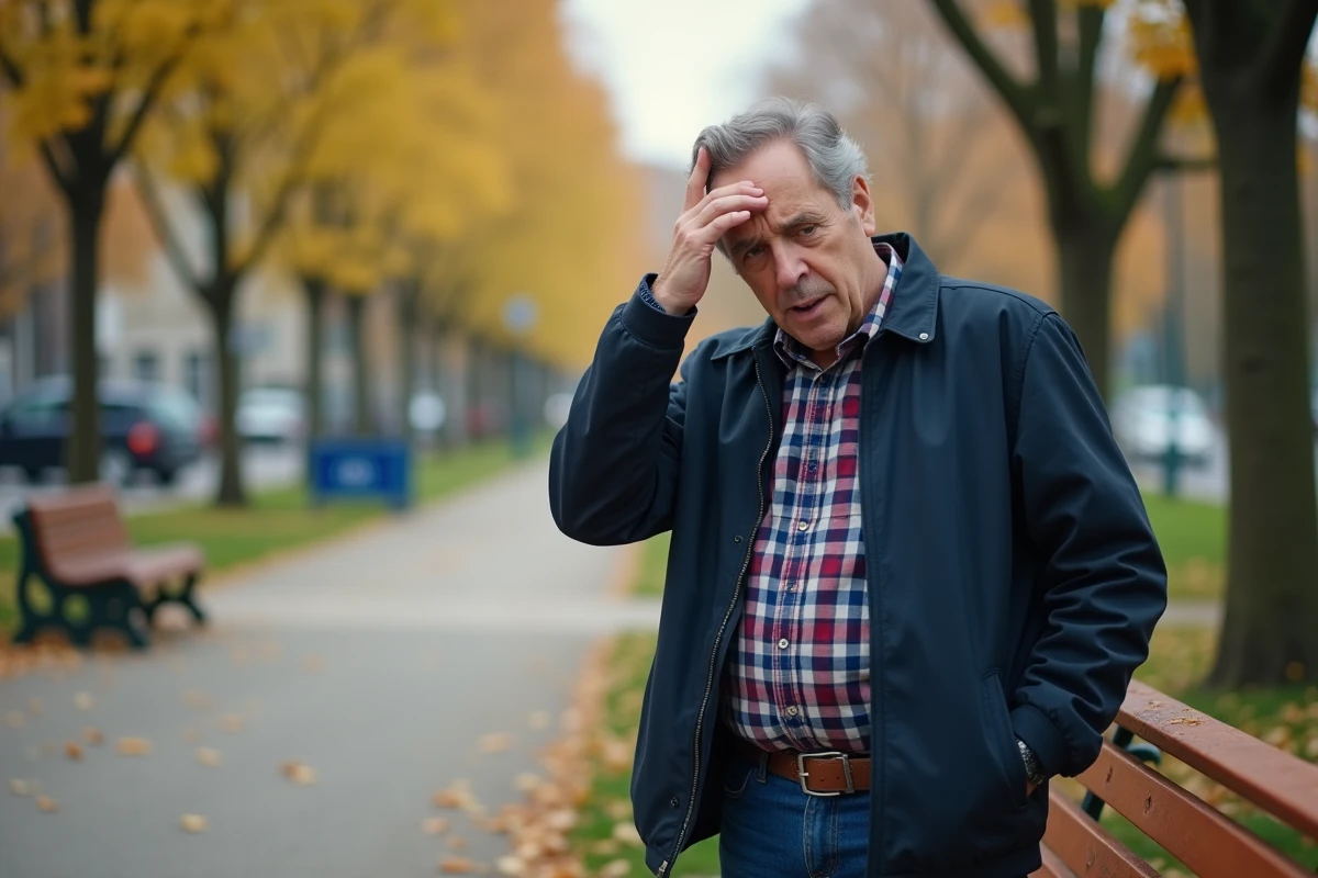 Homme contemplatif assis sur un banc dans un parc urbain