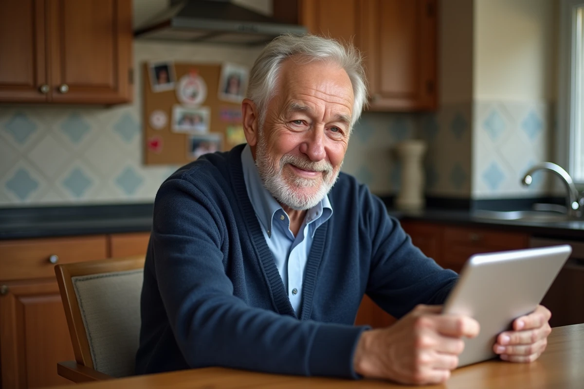 Homme âgé en visioconference dans sa cuisine chaleureuse