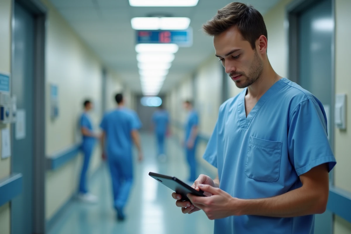 Jeune infirmier en blouse bleue utilisant une tablette dans le couloir