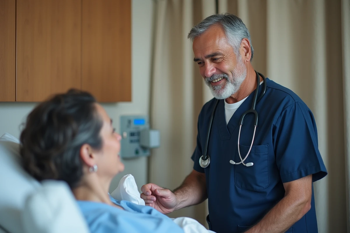 Infirmier vérifie le pouls d’un patient dans une chambre