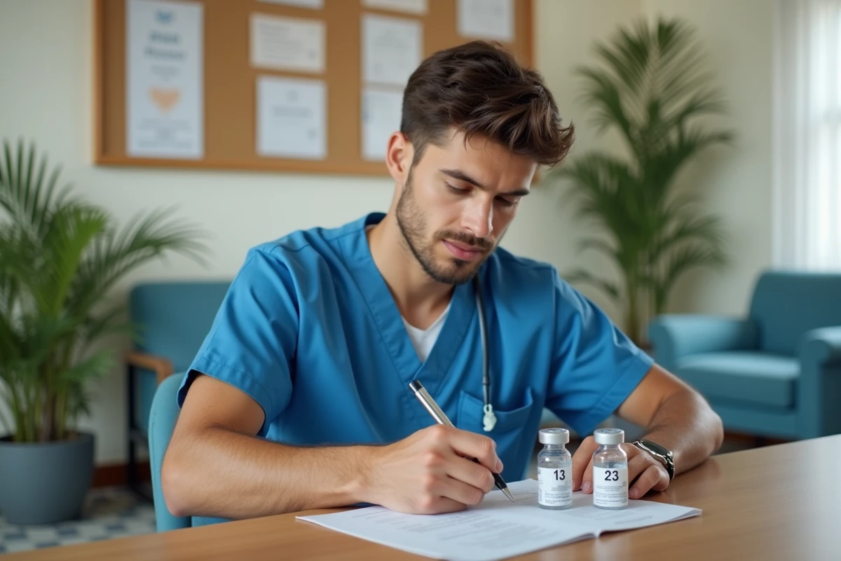 Jeune infirmier en blouse bleue remplit dossier vaccination