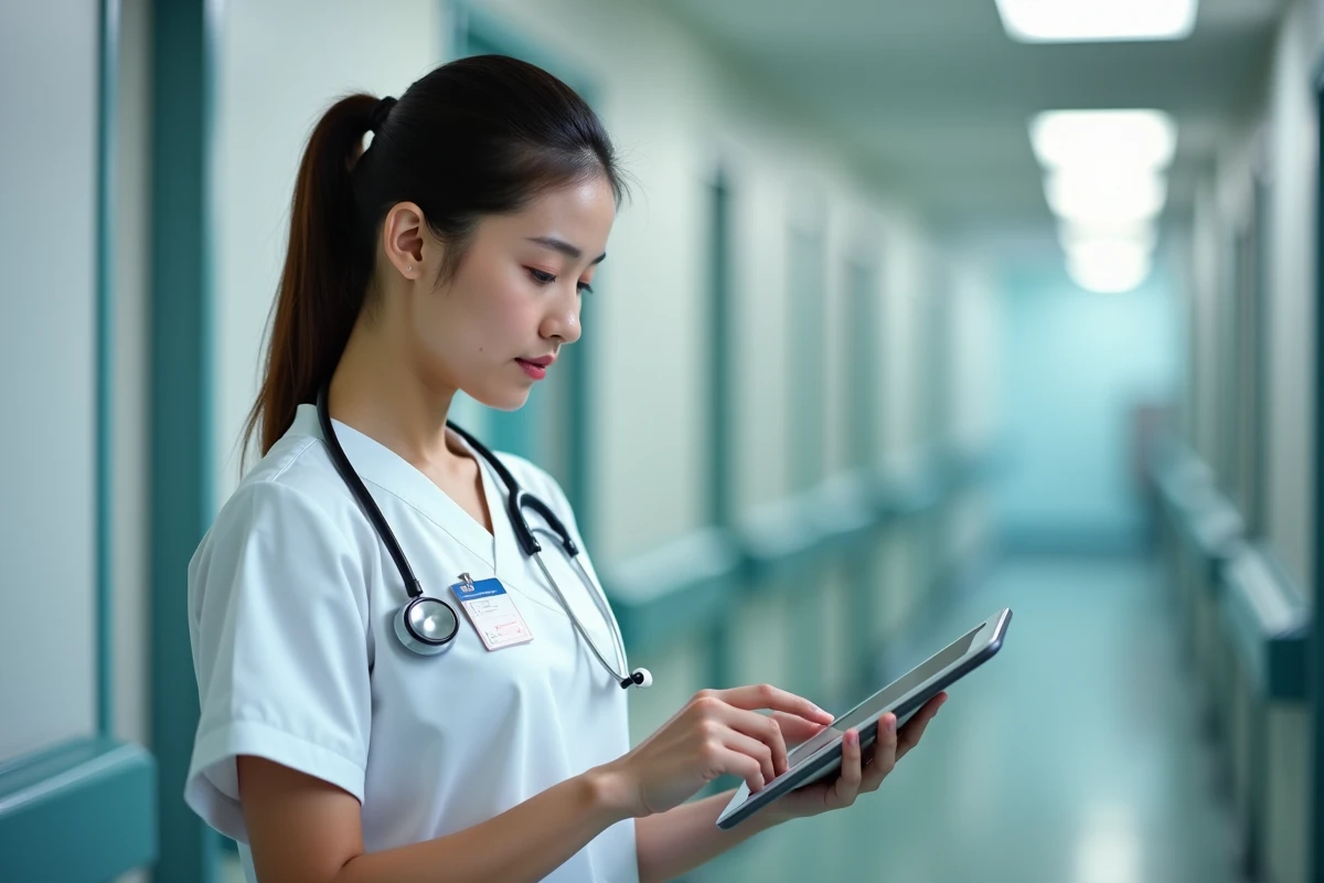 Infirmière d'un CHU consultant son espace agent en ligne sur une borne tactile murale dans un couloir d'hôpital avec sa carte professionnelle
