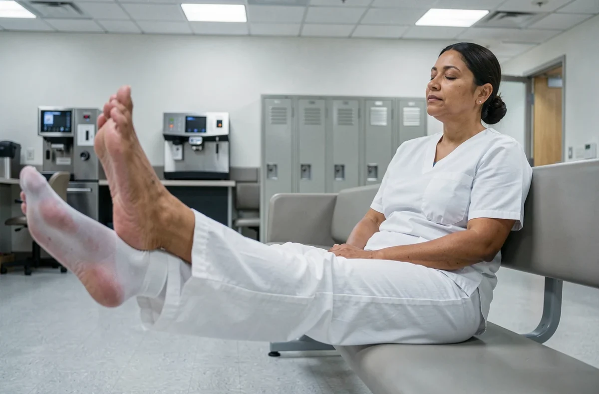 Infirmière allongée sur un banc en salle de pause avec jambes surélevées et chaussettes de compression, soulagement de la douleur veine saphène