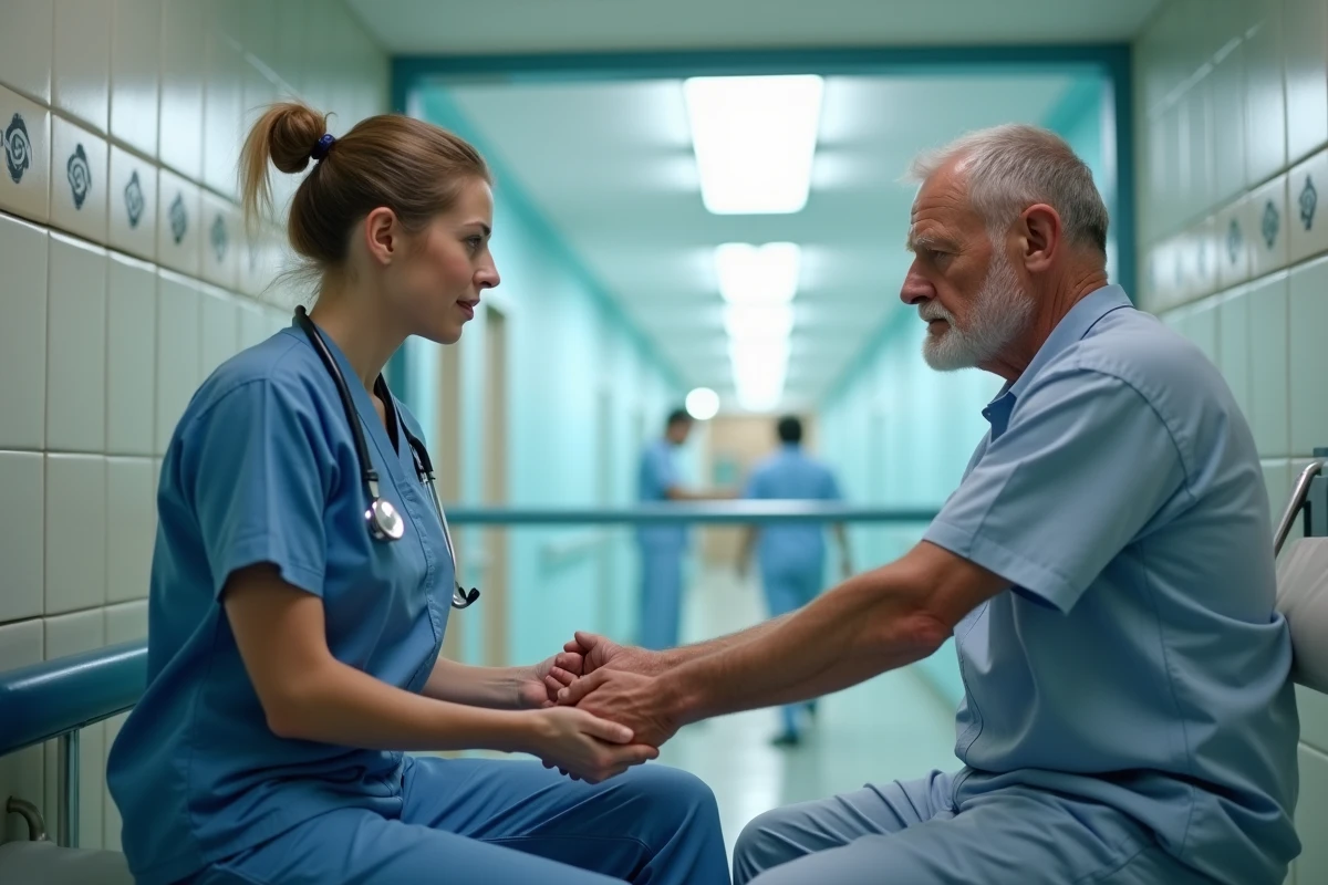 Infirmière en scrubs tient la main d’un patient dans un hôpital