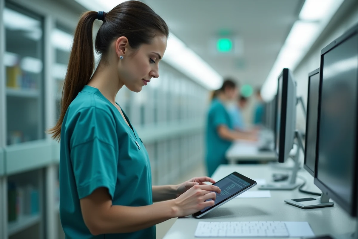 Infirmière utilisant une tablette pour naviguer sur un portail médical Medisysnet dans un couloir hospitalier