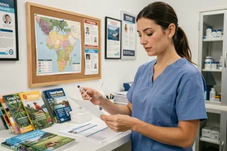 Infirmière spécialisée en médecine du voyage consultant une liste de vaccins obligatoires et recommandés pour la Tanzanie dans un cabinet médical moderne