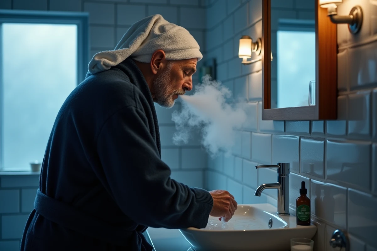 Homme en robe de chambre pratiquant une inhalation de vapeur dans la salle de bain pour soulager la toux nocturne en hiver
