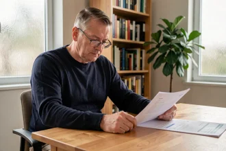 Homme en invalidité catégorie 2 consultant ses documents administratifs à son bureau à domicile