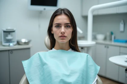 Jeune femme adulte assise dans un fauteuil dentaire exprimant une légère douleur liée aux dents de sagesse