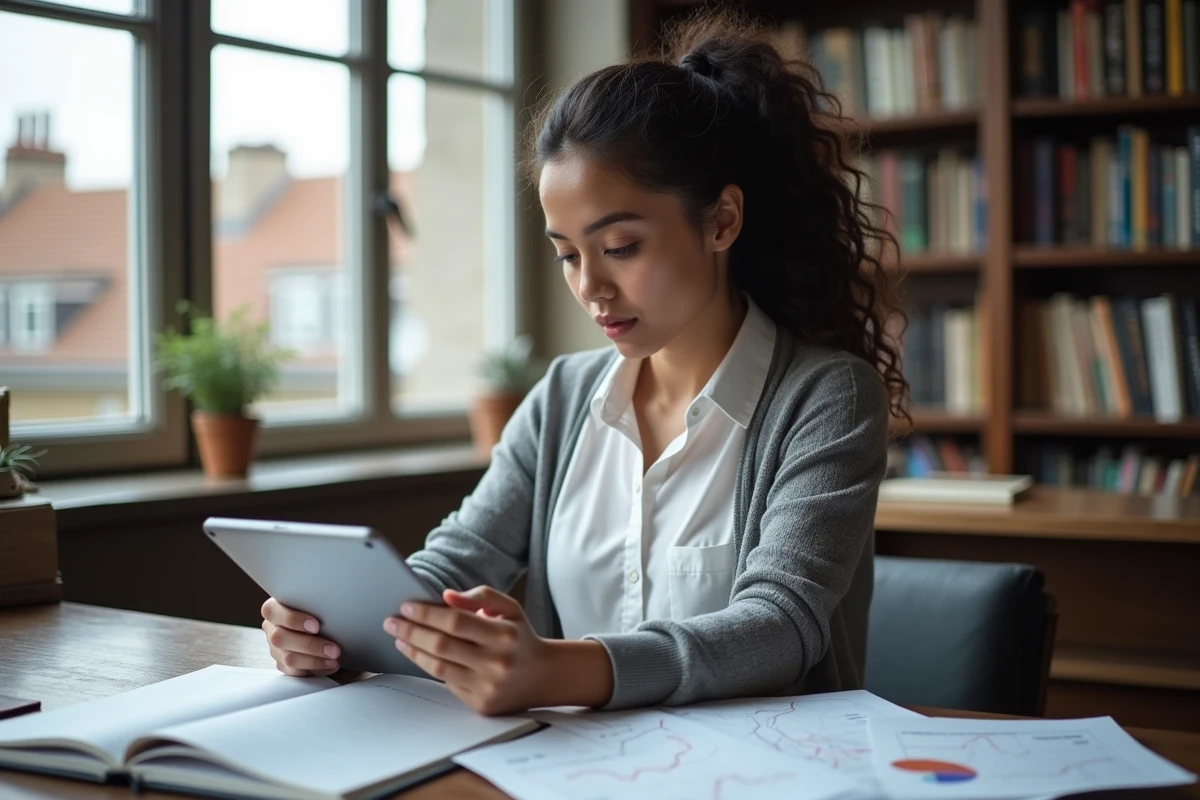 Jeune femme examinant des données climatiques sur une tablette