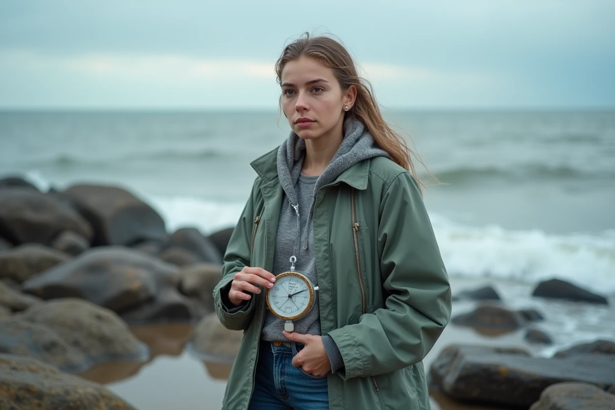Jeune femme mesurant la pluie avec un pluviomètre sur la côte